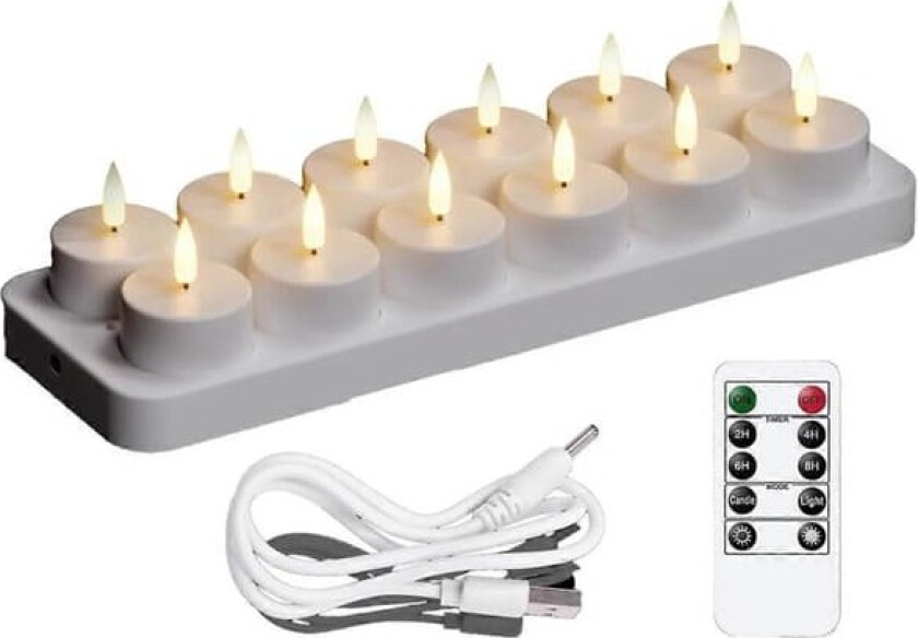 Bilde av Oppladbare LED telys, sett med 12, fjernkontroll, timer, flimrende flammeløse lys for hjemmeinnredning, hvit
