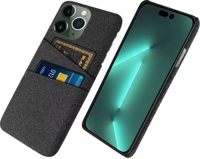 iPhone 14 Pro Stoffdekket Plast Bak Deksel med Kortholder - Svart