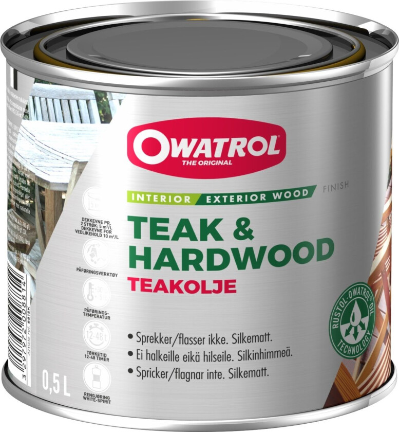 Bilde av Owatrol teakolje Teakolje til teak og andre eksotiske treslag. Gir god beskyttelse og pleie til treverket. Anbefalt forbruk pr. strøk: 5 m²/liter.