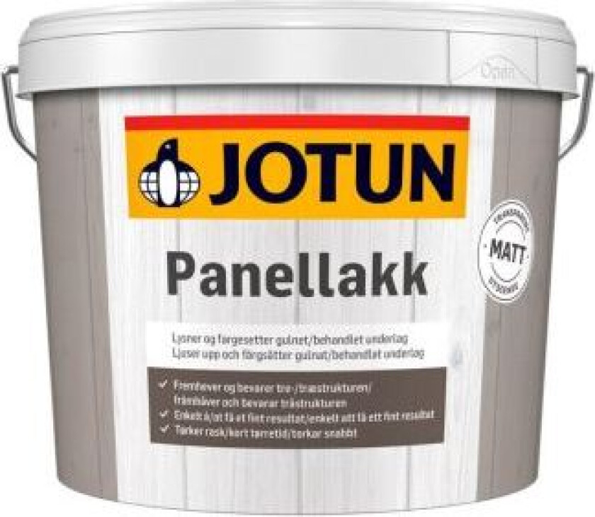 Jotun panellakk Panellakk gir nytt liv til gulnet panel, og fornyer og bevarer treverket. Den er enkel å påføre med lite drypp og søl og trørker raskt.