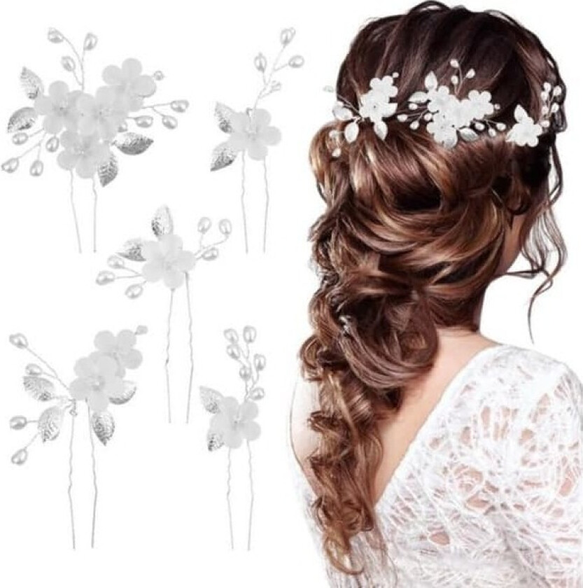 Brudeslører for bryllup 5 stykker Blomsterhårtilbehør Sølv U-formede klips for kvinner og jenter Elegant brudesmykker