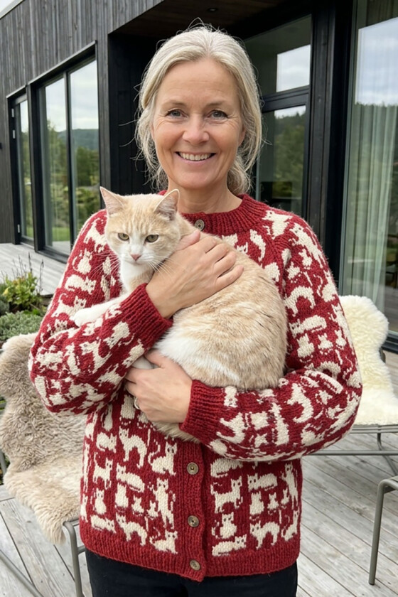 Rød Crazy cat woman cardigan med hvitt mønster - DLG 26-002U-650600
