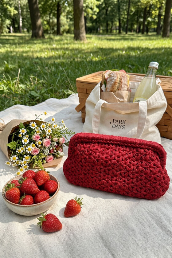 Rød bella heklet blomsterclutch - Strikkia 2026-013-450