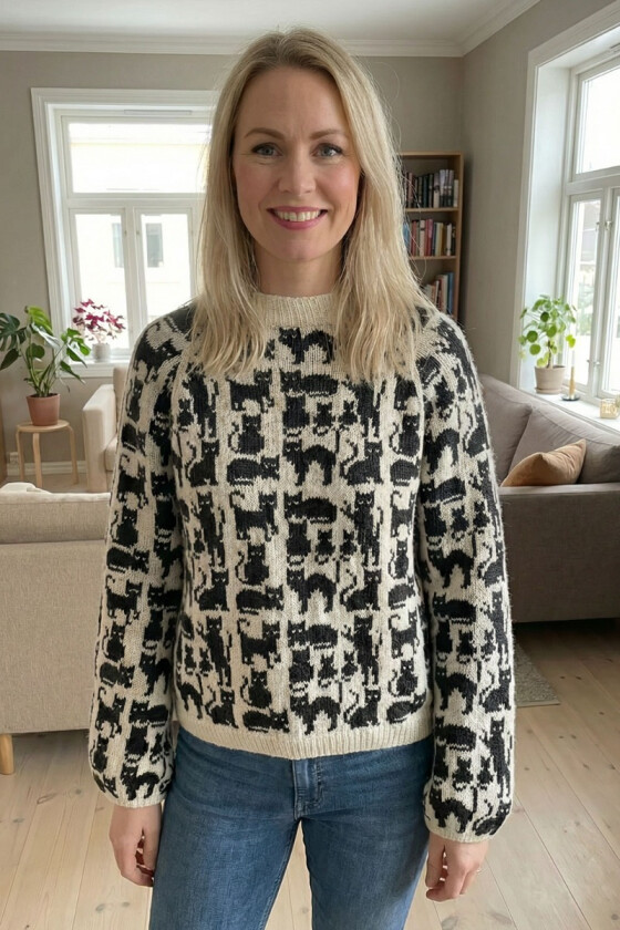Naturhvit Crazy cat woman genser med koks mønster - DLG 25-038AS-502517