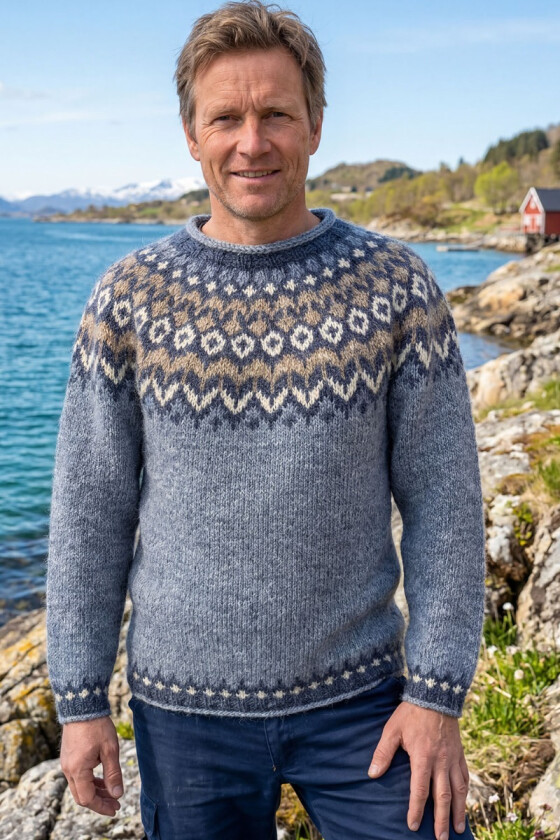 Skyblå riddarigenser med blått og beige mønster - LL0143-M