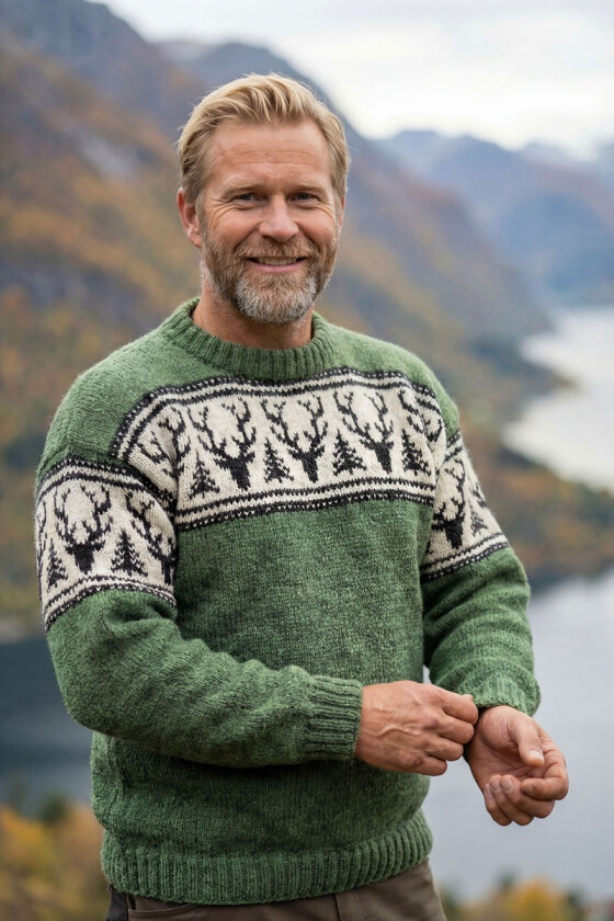 Nordisk hjortegenser i olivengrønn - Strikkia 2026-002DSAS-889