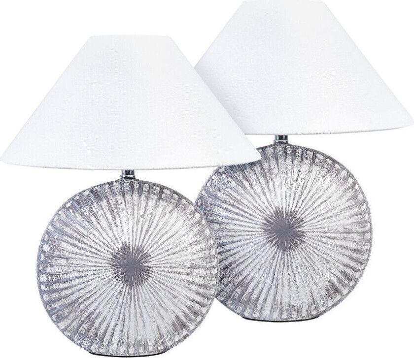 Sett med 2 Bordlamper Grå Keramikk Stoffskjerm Nattlampe Skrivebordslys Klassisk