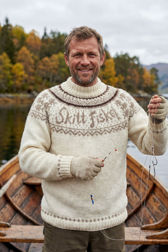 Naturhvit Skitt fiske genser med brunt mønster - DLG 25-035DSAS-806823824