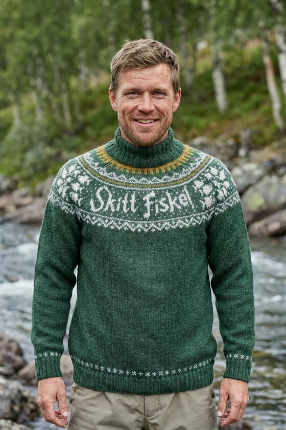 Grønn Skitt fiske genser med okergult i mønsteret - DLG-25-035U-633645