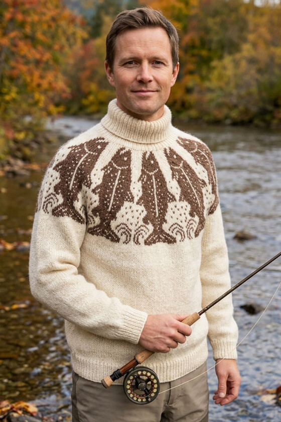 Naturhvit Laksefiskergenser med brunt mønster - DLG 25-037U-602608