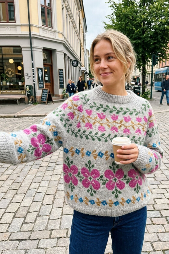 Grå storblom med rosa og cognac mønster - Schonhowd strikk