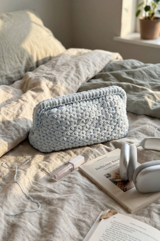 Lysblå bella heklet blomsterclutch - Strikkia 2026-013-421