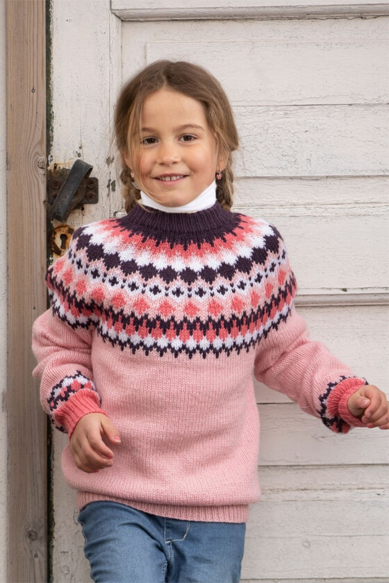 Nellik rosa strikkegenser med rundfelling til jente - Viking 2115-01A
