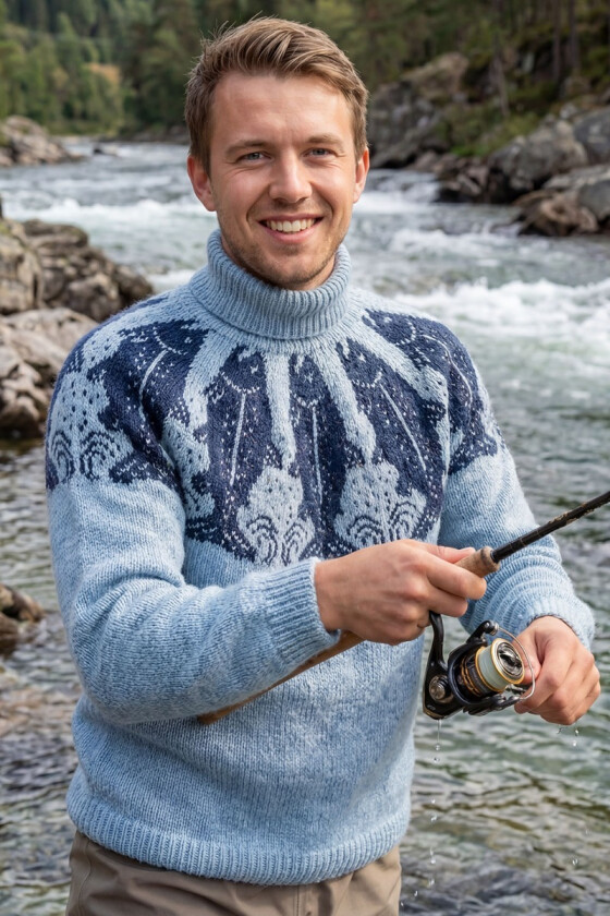 Blå Laksefiskergenser med marineblått mønster - DLG 25-037AS-522526