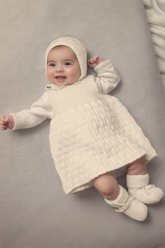 Naturhvit April Strikkekjole til baby med lue og sokker - Viking 2028-6-302