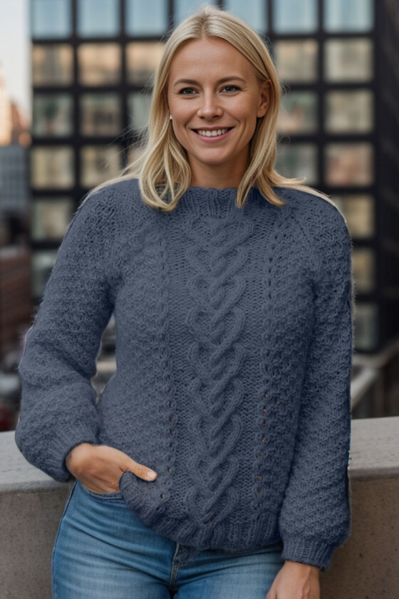Jeansblå Hjerteflette genser - Strikkia 2021-10A-327