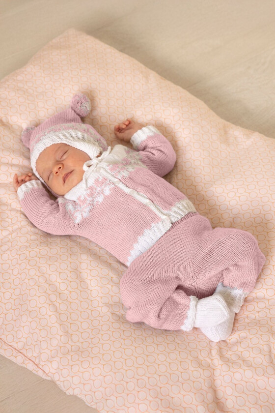 Helle hentesett med strikket jakke bukse lue og sokker i rosa - Viking 2126-8-BU364