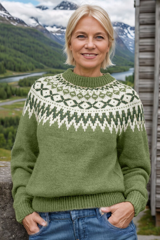 Vårgrønn rallar genser med mørkegrønt mønster - DLG 141-SU34623489