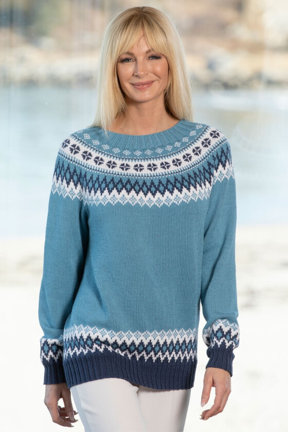 Marny turkisblå strikket genser med rundfelling Kathrine Sørland - Viking 2120-03