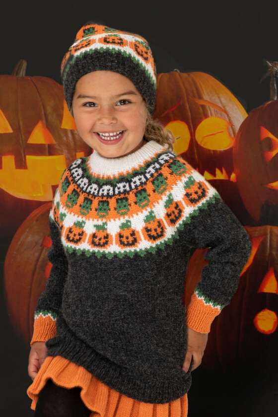Hallowen strikkegenser og lue til barn - Viking 2131-02