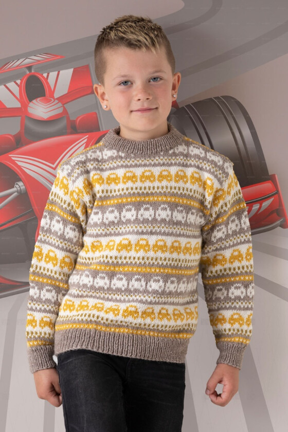 Broom strikkegenser med biler til barn beige - Viking 2131-07A