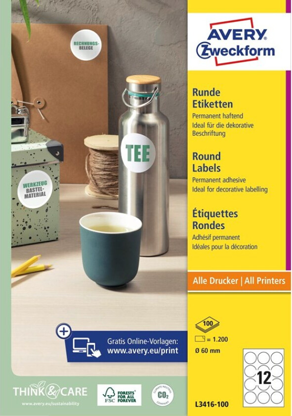 Runde produktetiketter , Permanent merking, Ø 60 mm, Alle skrivertyper