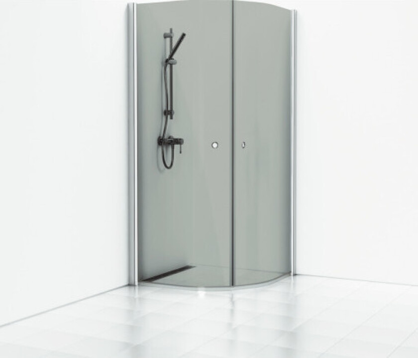 Skoga buet dusjhjørne 80 x 90 cm, røykfarget glass/matt alu, m/hullgrep