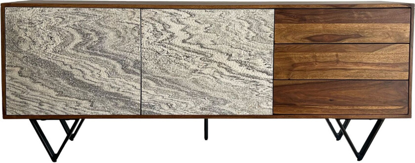 Jesvik skjenk 175x71x40 cm i massivt sheeshamtre med fronter i steinlook - hvit og naturtre