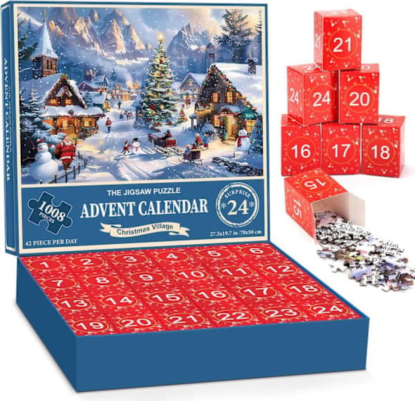 Adventskalender Puslespill - 1008 Brikker Puslespill, Adventskalender Puslespill for Voksne og Barn, Julepuslespill, Jul, Gave