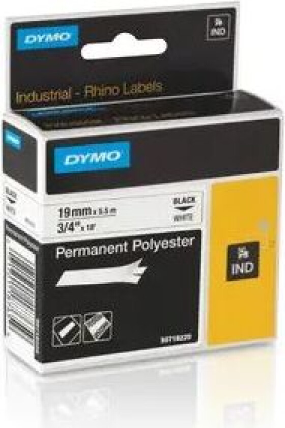 Dymo Tape Rhinopro Permanent Polyester 19mm Svart/hvit