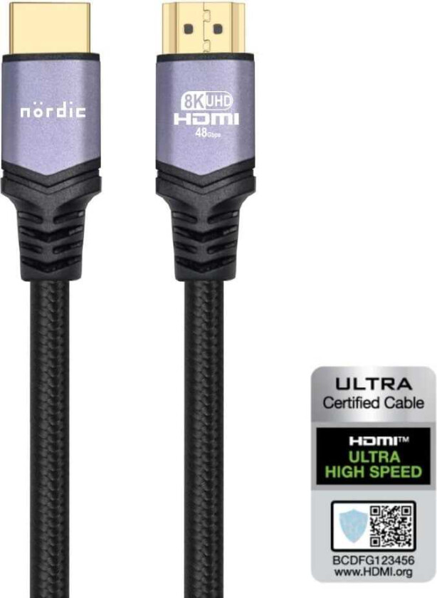 NÖRDIC CERTIFIED CABLES 1m Ultra High Speed HDMI 2.1 8K 60Hz 4K 120Hz 48Gbps Dynamic HDR eARC VRR nylonflätad kabel guldpläterade kontakter