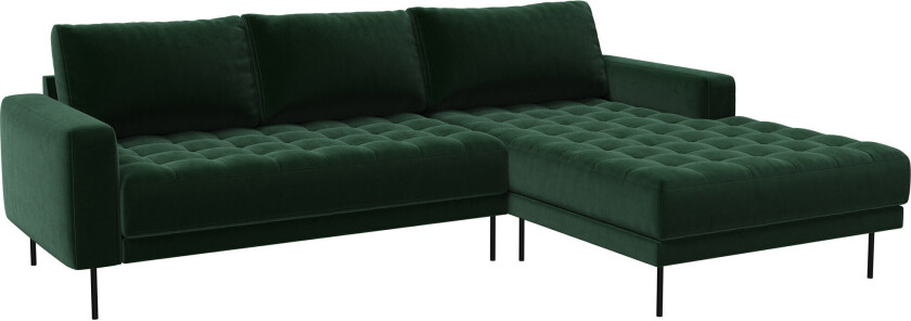 Rouge 2,5 -seters sofa med sjeselong og svarte ben. Mørk grønn Høyresving