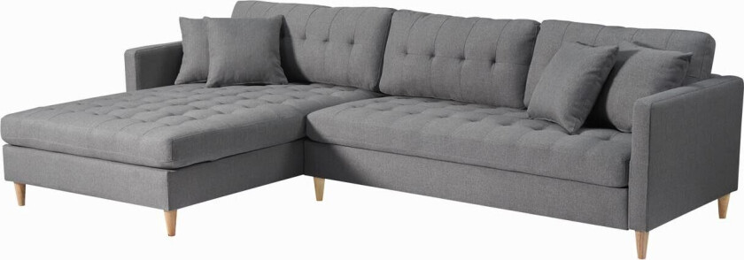 Marino Deluxe sjeselongsofa høyre eller venstrevent med puter stoff grå.