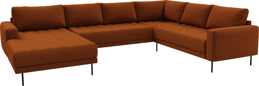 Rouge hjørnesofa med sjeselong og svarte ben. Kobberfarget Venstre sving