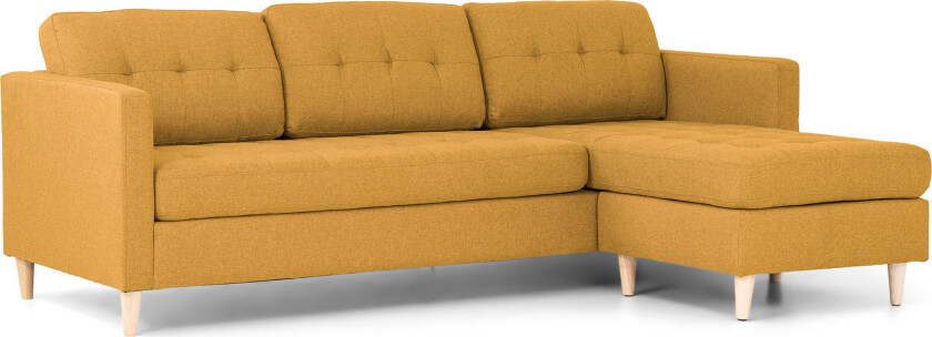 Marino sofa, sjeselongsofa høyre eller venstrevent i stoff karri gul og med treben.