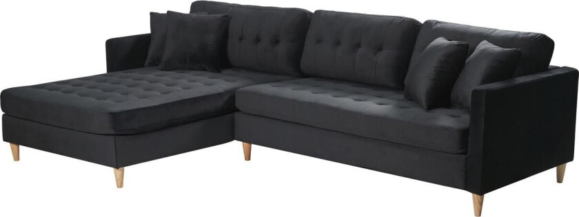 Marino Deluxe sjeselongsofa høyre eller venstrevent med puter velour svart.