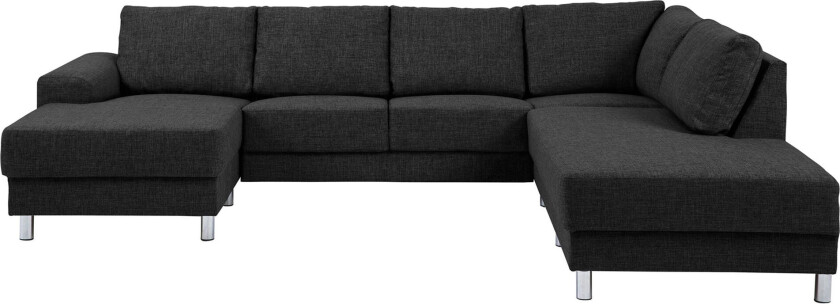 Calle hjørnesofa med sjeselong venstrevent i antrasitt grå stoff, med krom ben.