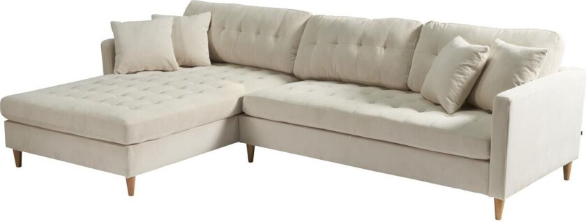 Marino Deluxe sjeselongsofa høyre eller venstrevent med puter fløyel sandfarget.