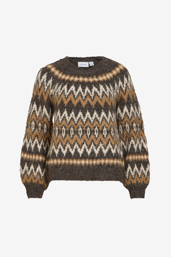 Genser Vibows O-Neck L/S Jacquard Knit Top - Brun