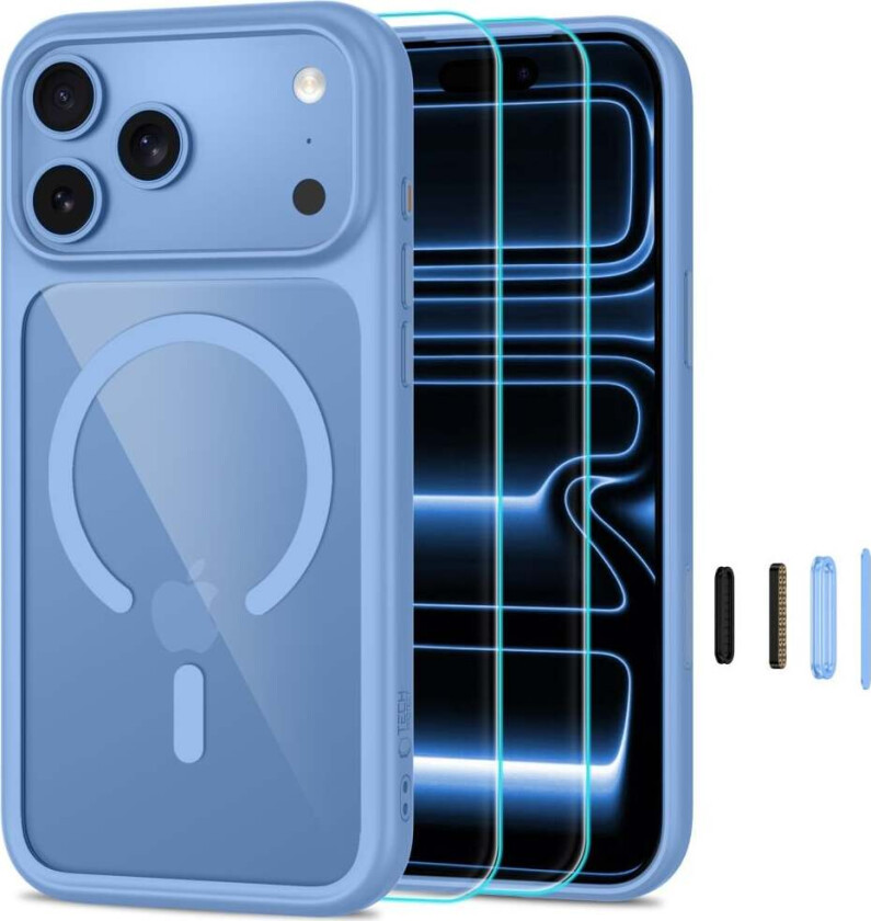 MagOne CC MagSafe + herdet glass, 2-pakning m/deksel til iPhone 18/17 Pro – blå klar