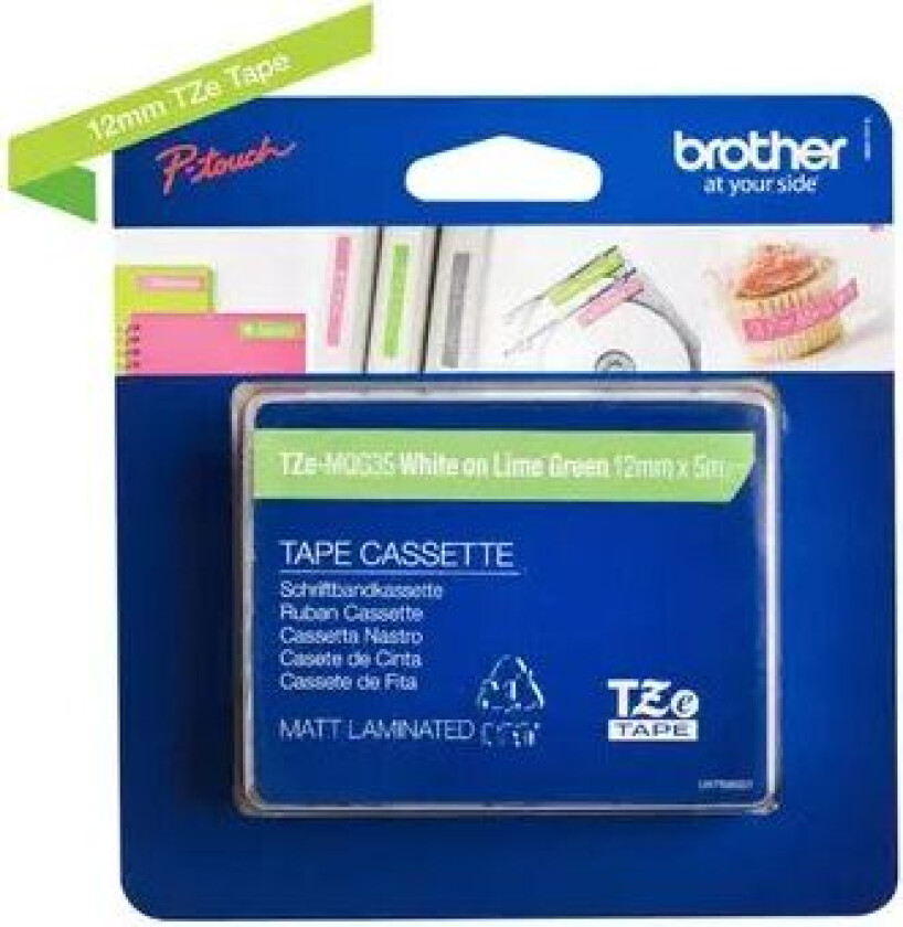Tape 12mm Tze-mqg35 Hvit/lime Gr�nn