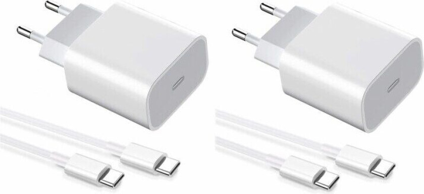 2-pack Lader for iPhone 15 / Android 20W med USB-C til USB-C - Hurtiglader