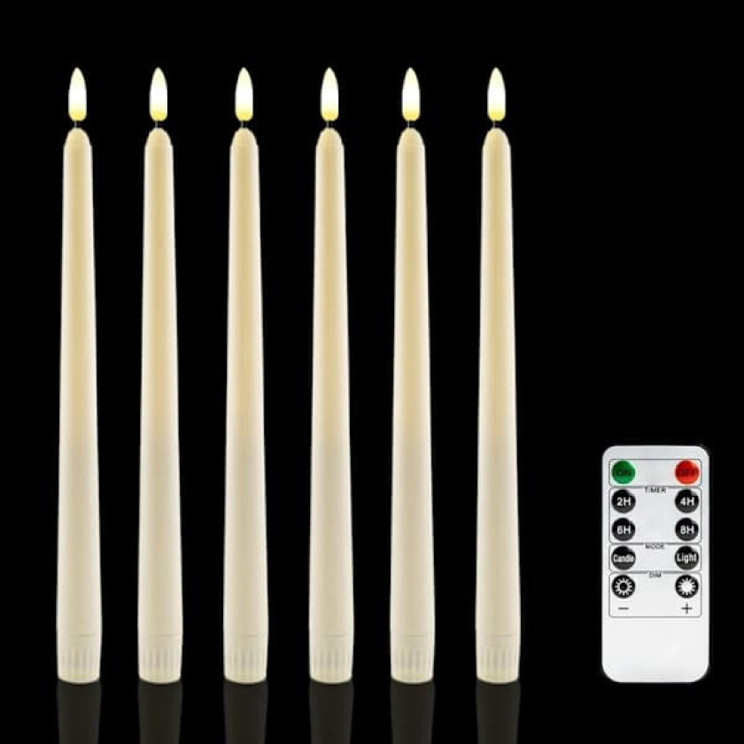 6-pakning LED-kronelys med fjernkontroll og timer, flimrende varmhvitt ekte voks for bryllup hjemmeinnredning 24,5 cm D