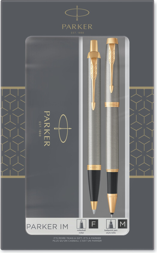 Bilde av IM Duo Gift Set with Ballpoint Pen & Rollerball Pen | Brushed Metal with Gold Trim | Black Ink Refill & Cartridge | Gift Box