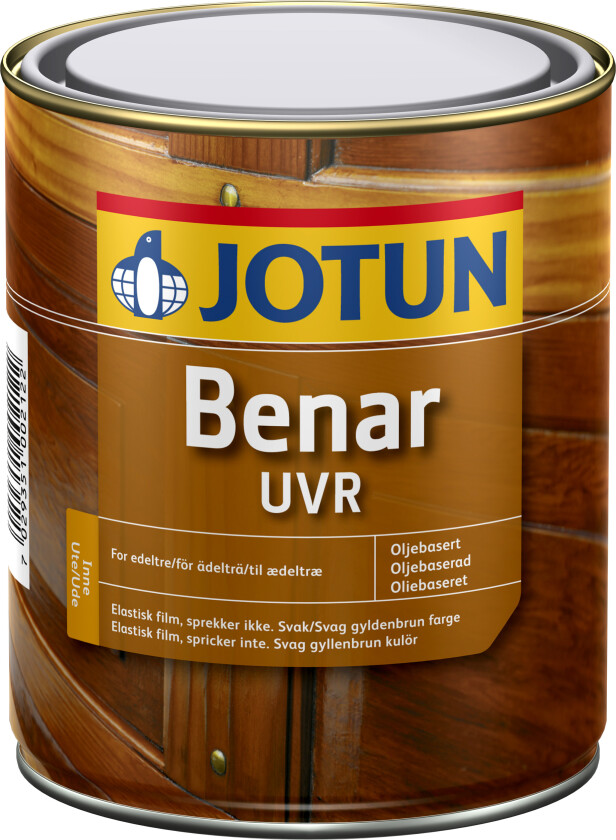 Jotun Benar UVR En værbestandig alkydolje for edle tresorter, motvirker svertesopp. Anbefalt forbruk pr. strøk: 14-16 m²/liter.