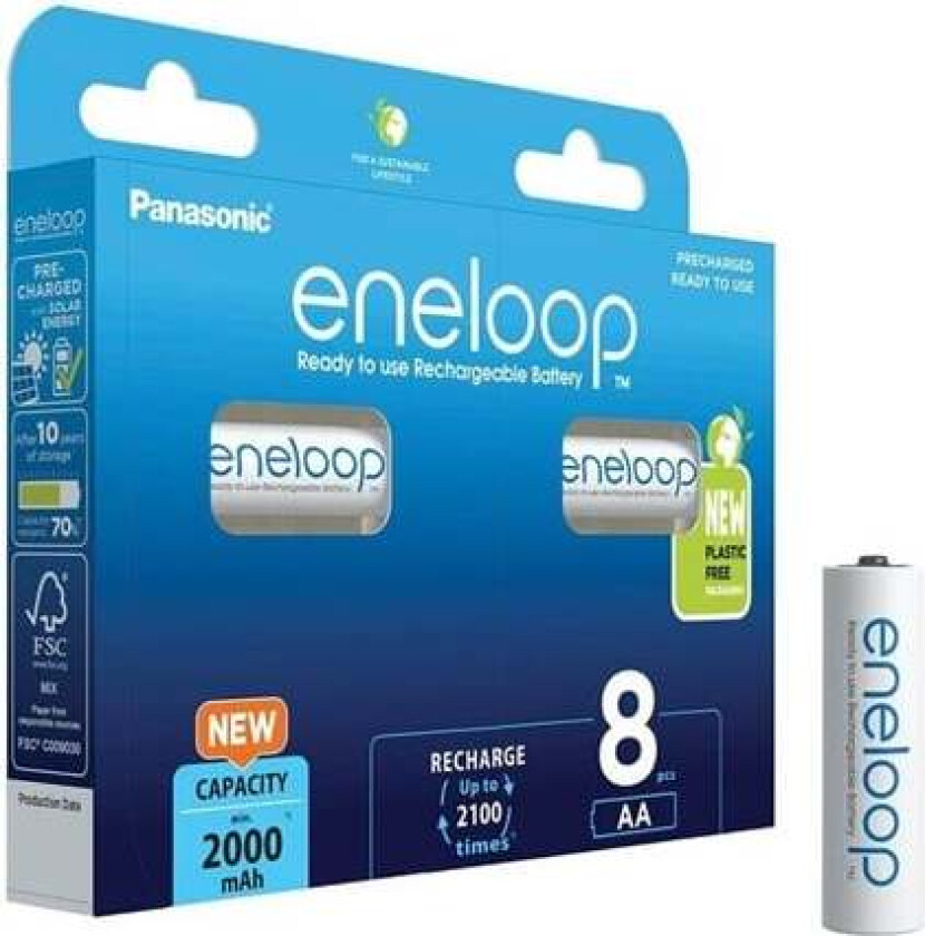 Panasonic Eneloop AA 8stk oppladbare 1.2V 2000mAh