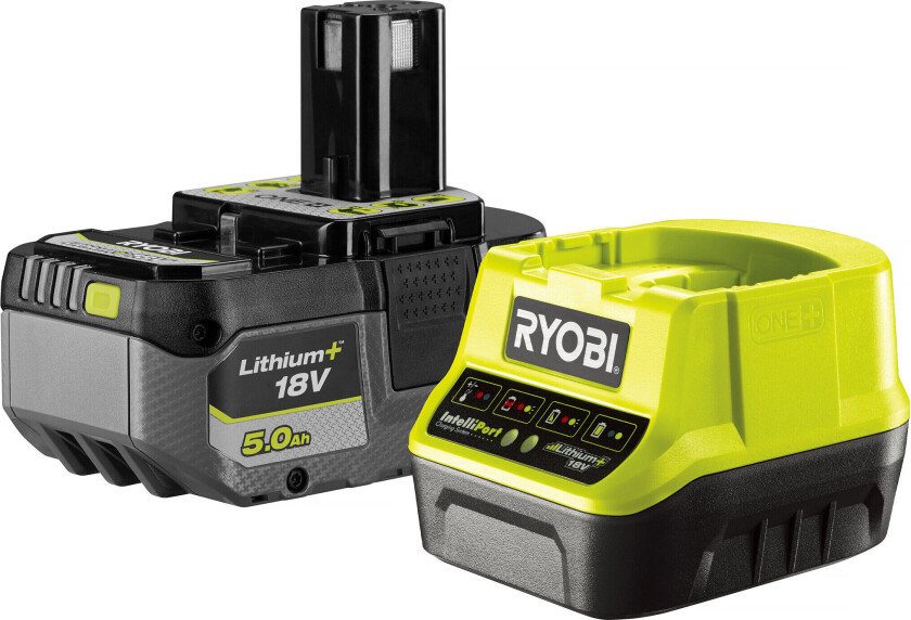 Ryobi RC18120-150X 5,0Ah batteri og lader Batteri og lader med et 5.0 Ah 18V Lithium+ batteri og 2.0 Amp/t lader. For alle elverktøy og hagemaskiner i s ONE+system (også eldre modeller).
