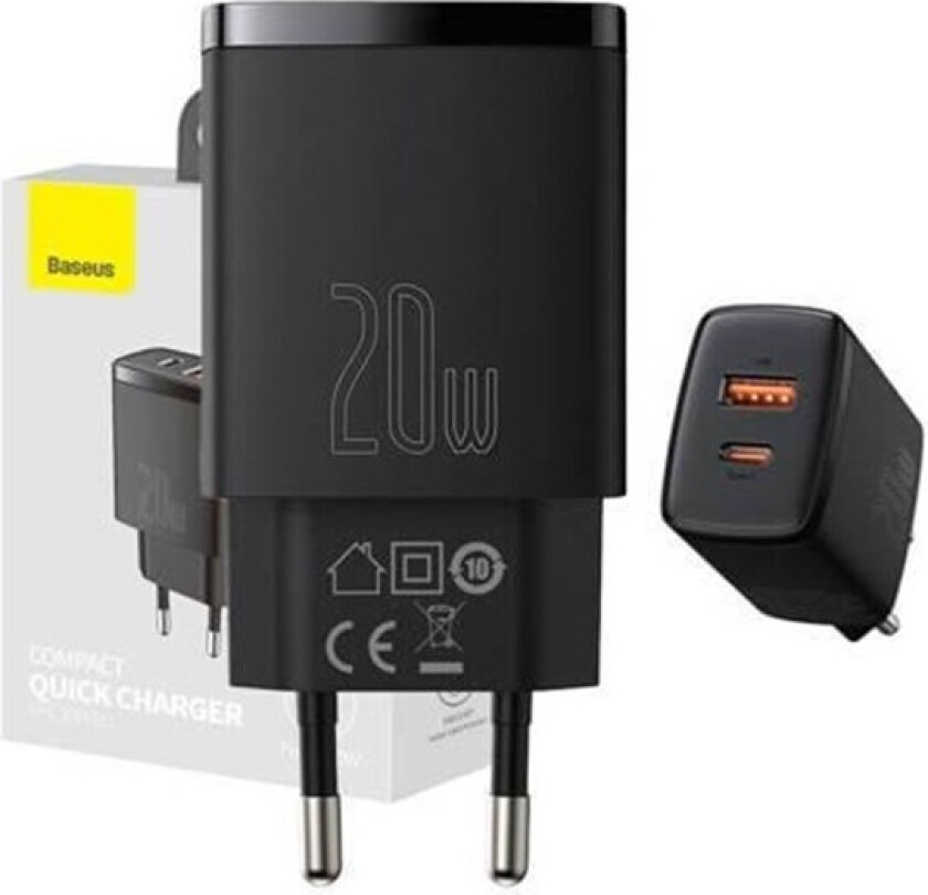 Compact 20W Vegglader USB -C / USB-A QC Hurtiglading - Svart