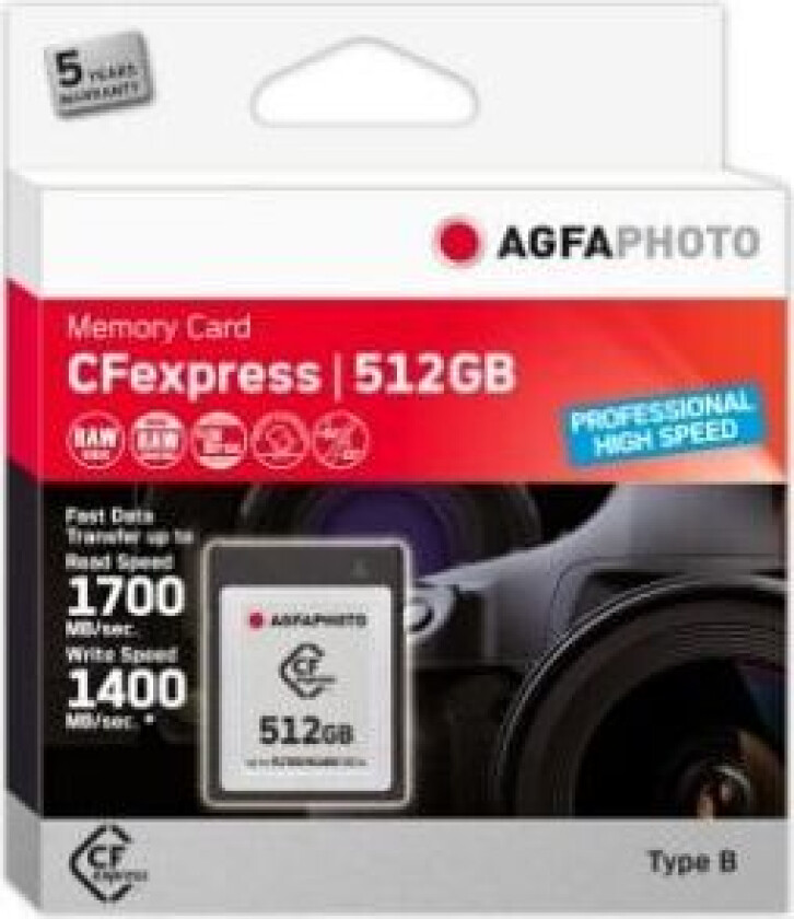 AgfaPhoto CFexpress Professional, 512 GB, CFexpress, NAND, 1700 MB/s, 1400 MB/s, Kuldebestandig, Varme motstandig, Sjokkresistent, Røntgenbestandig