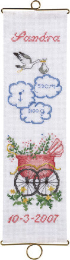 Bilde av Broderisett Aida Klokkestreng Fødselstavle Sandra 12x35cm